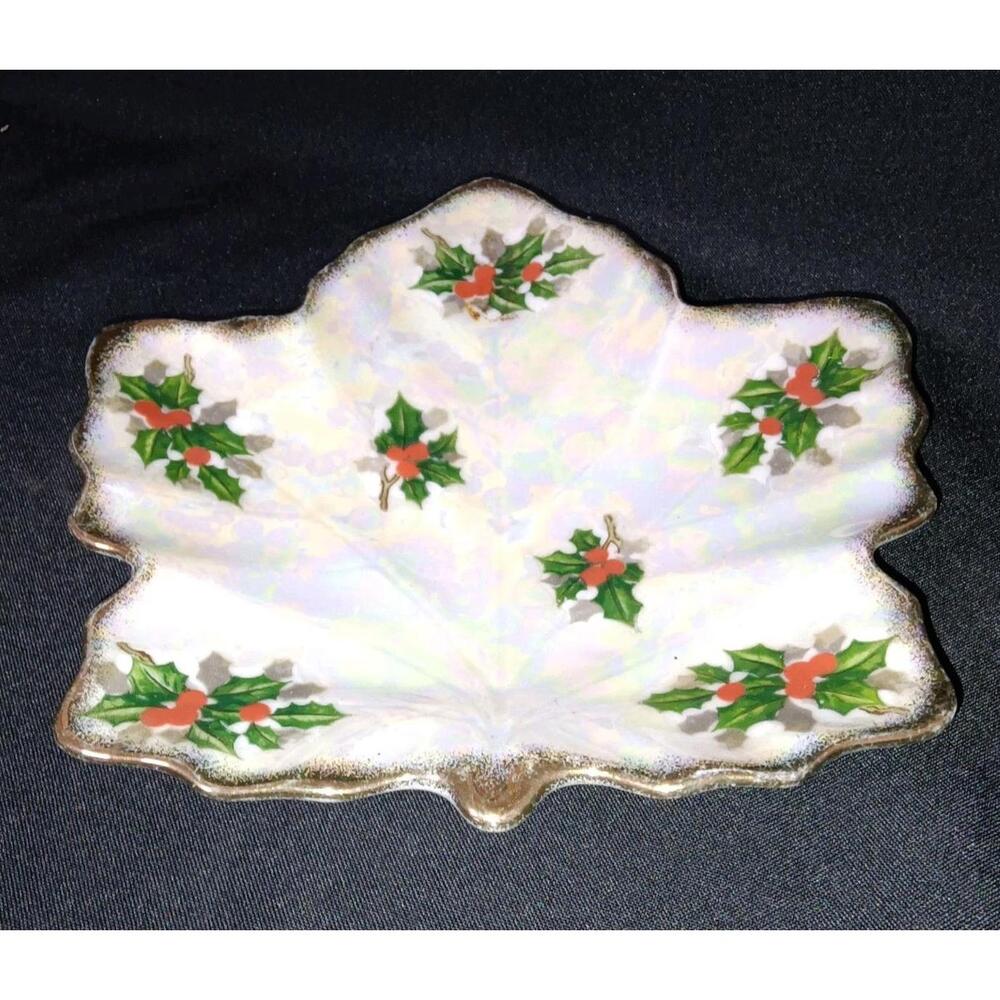 Vintage Ucagco Japan Christmas Holly Berry Leaf Candy Nut Dish Lustre